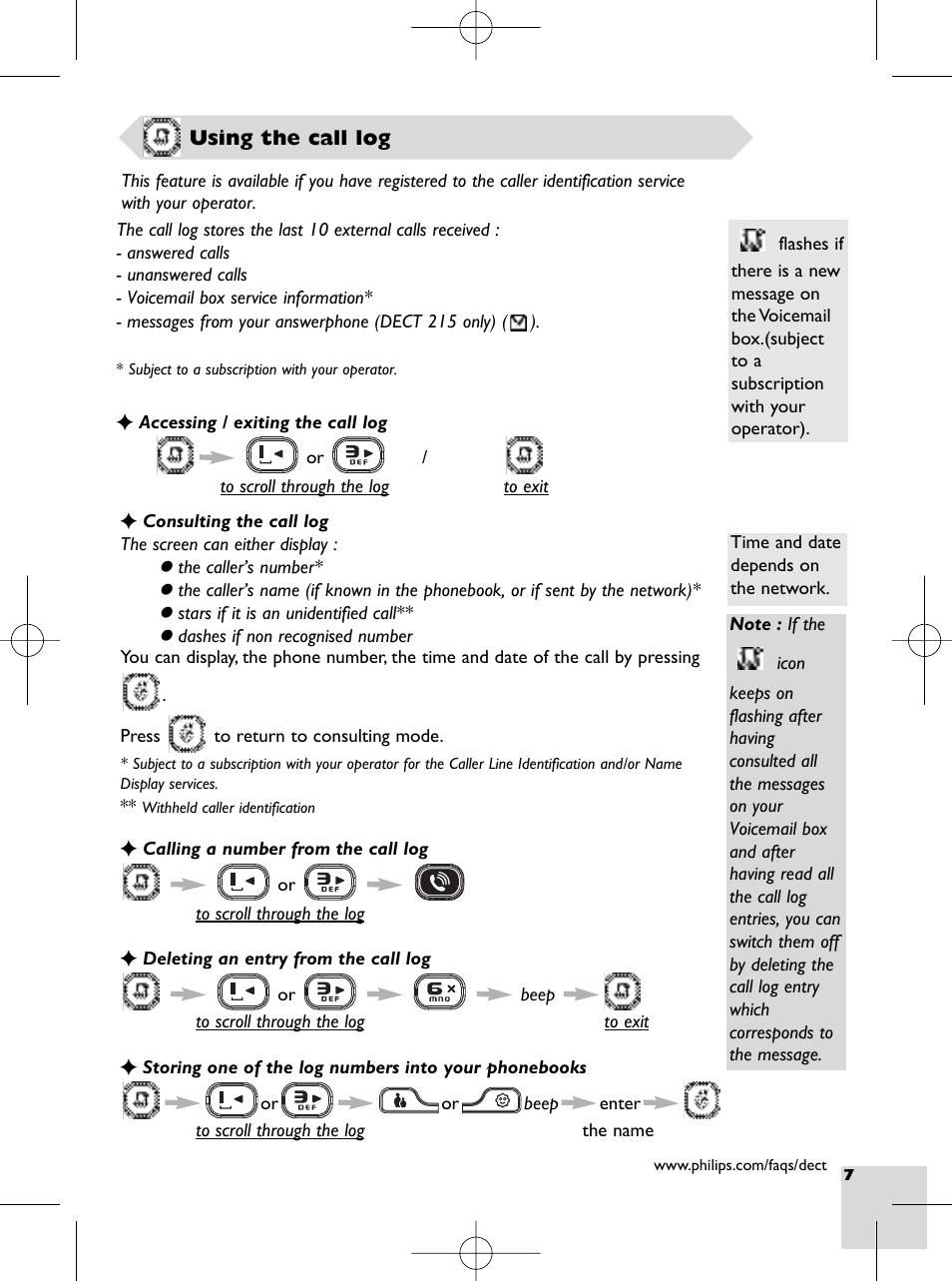 Using the call log, Call log key, Call log / voicemail box | Philips DECT 215 User Manual | Page 9 / 20