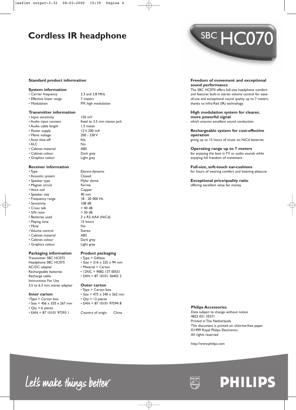 Hc070, Cordless ir headphone | Philips SBC HC070 User Manual | Page 2 / 2