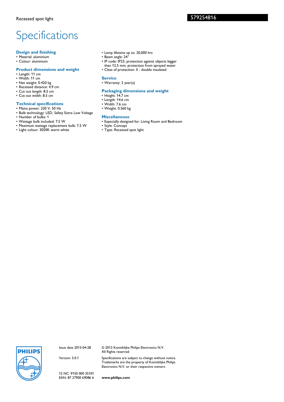 Specifications | Philips Downlight 57925/48/16 User Manual | Page 2 / 2