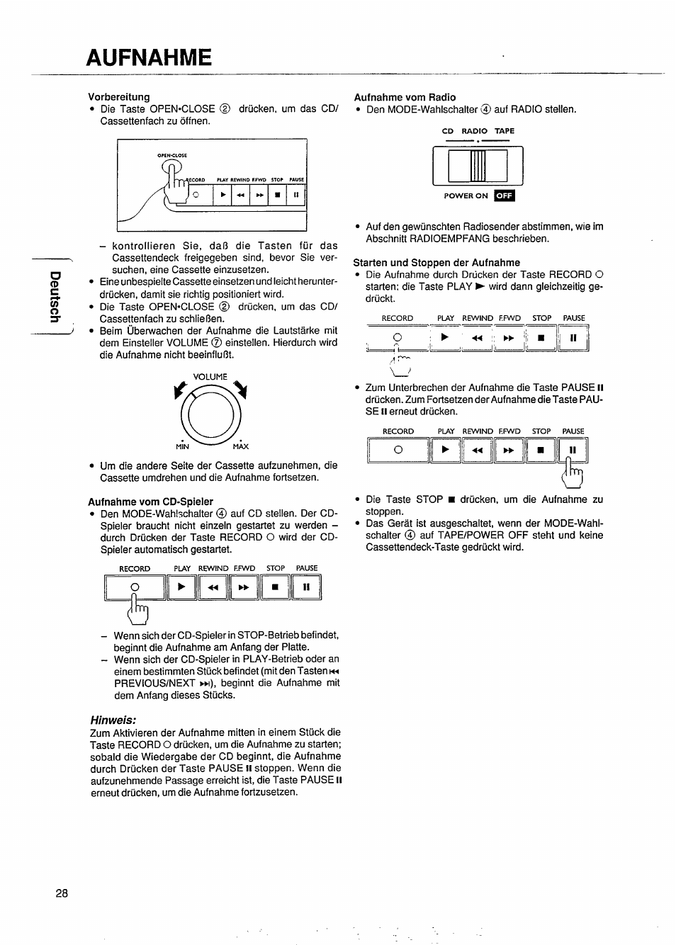 Aufnahme, Hinweis | Philips AZ 8040 User Manual | Page 10 / 15