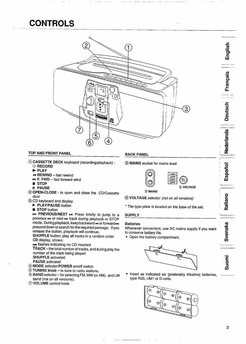 Controls, Supply, W o) c | 30) q, 0> > ü) e | Philips AZ 8040 User Manual | Page 3 / 15