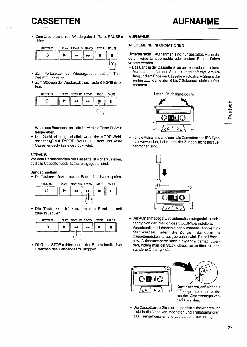 Cassetten aufnahme, I rm | Philips AZ 8040 User Manual | Page 9 / 15