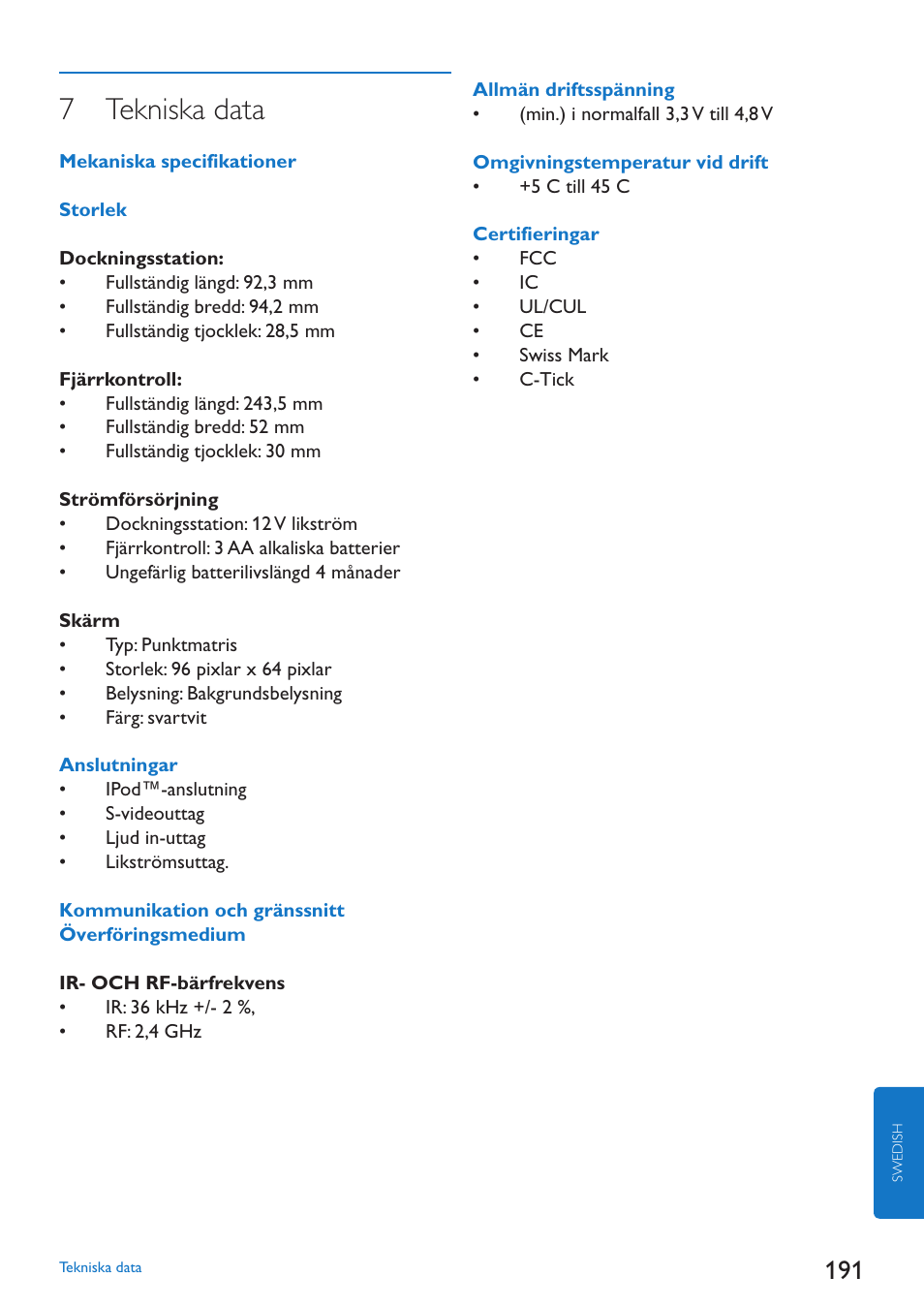 7 tekniska data | Philips SJM3152 User Manual | Page 191 / 338