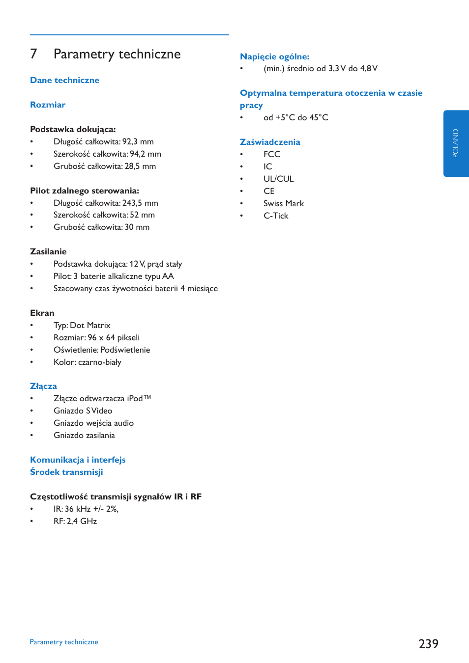 7 parametry techniczne | Philips SJM3152 User Manual | Page 239 / 338
