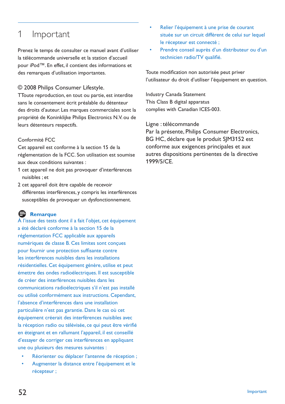 1 important | Philips SJM3152 User Manual | Page 52 / 338