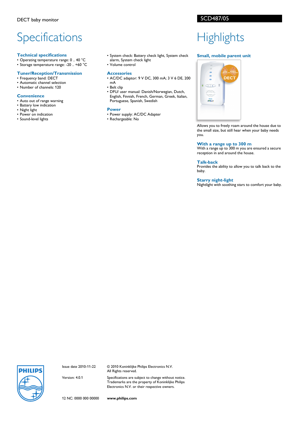 Specifications, Highlights | Philips DECT baby monitor SCD487 User Manual | Page 2 / 2