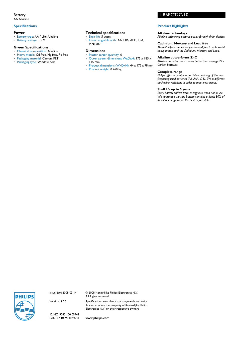 Philips Power Life LR6PC32C User Manual | Page 2 / 2