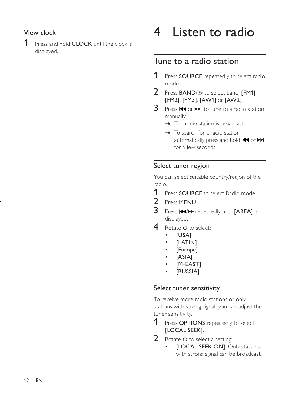 4 listen to radio, Tune to a radio station 1 | Philips CEM3000B User Manual | Page 11 / 27