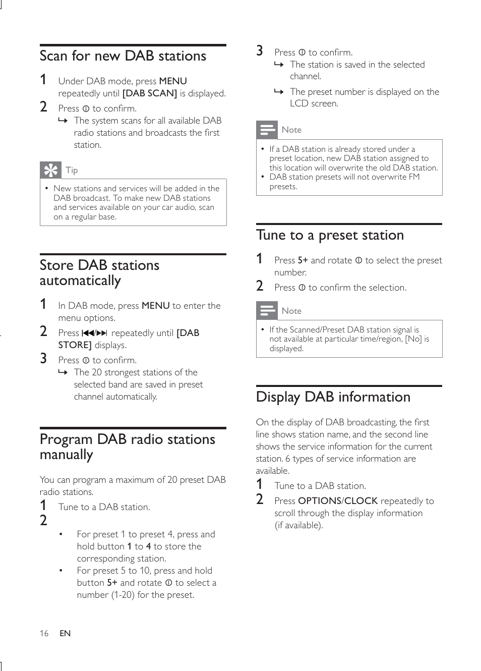 Tune to a preset station 1, Display dab information, Scan for new dab stations 1 | Store dab stations automatically 1, Program dab radio stations manually | Philips CEM3000B User Manual | Page 15 / 27