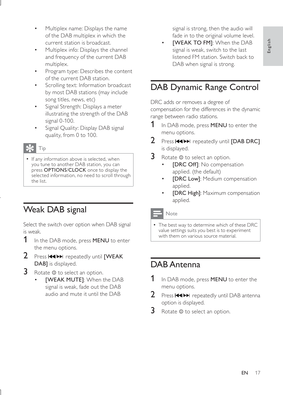 Dab dynamic range control, Dab antenna 1, Weak dab signal | Philips CEM3000B User Manual | Page 16 / 27