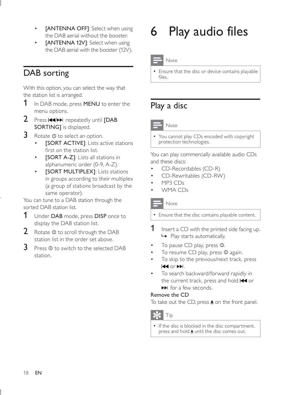 6 play audio files, Play a disc, Dab sorting | Philips CEM3000B User Manual | Page 17 / 27