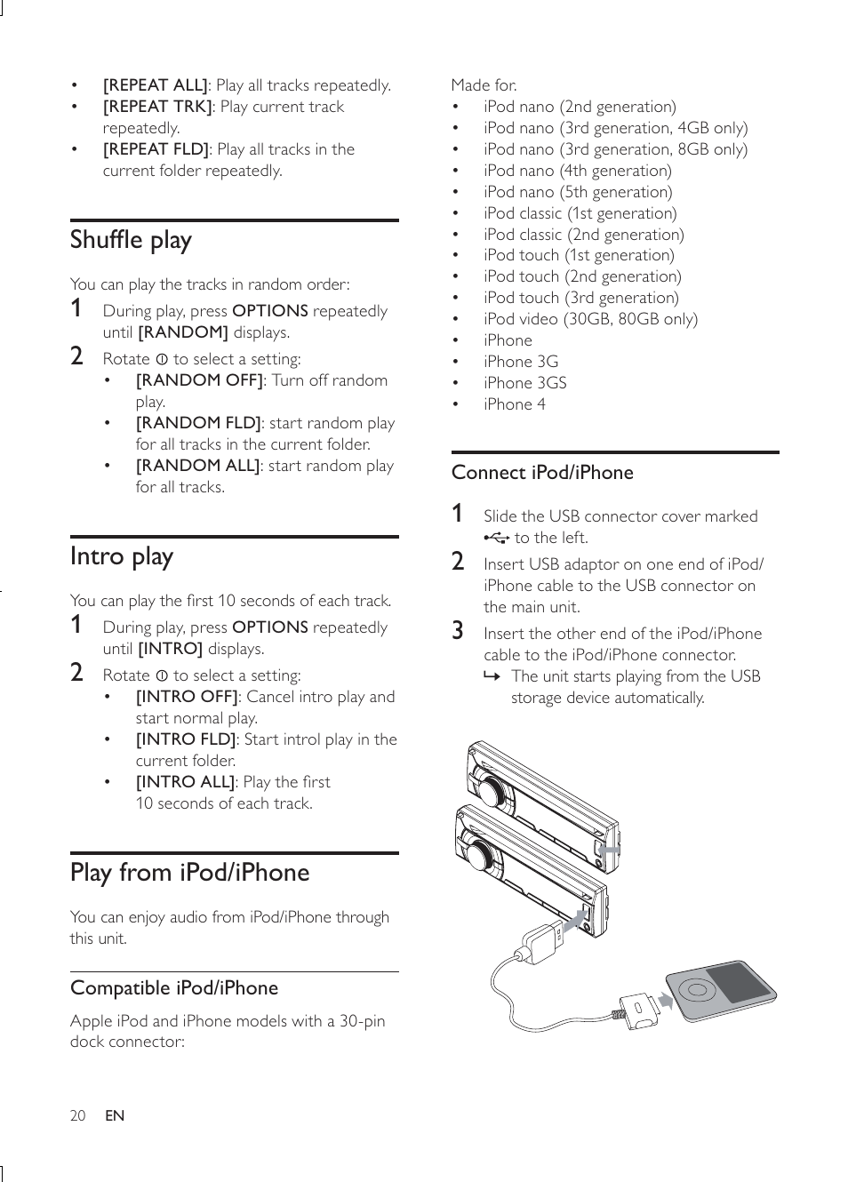 Shufﬂe play, Intro play, Play from ipod/iphone | Philips CEM3000B User Manual | Page 19 / 27