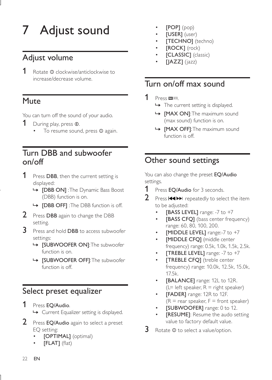 7 adjust sound, Turn on/off max sound 1, Other sound settings | Adjust volume 1, Mute, Turn dbb and subwoofer on/off 1, Select preset equalizer 1 | Philips CEM3000B User Manual | Page 21 / 27