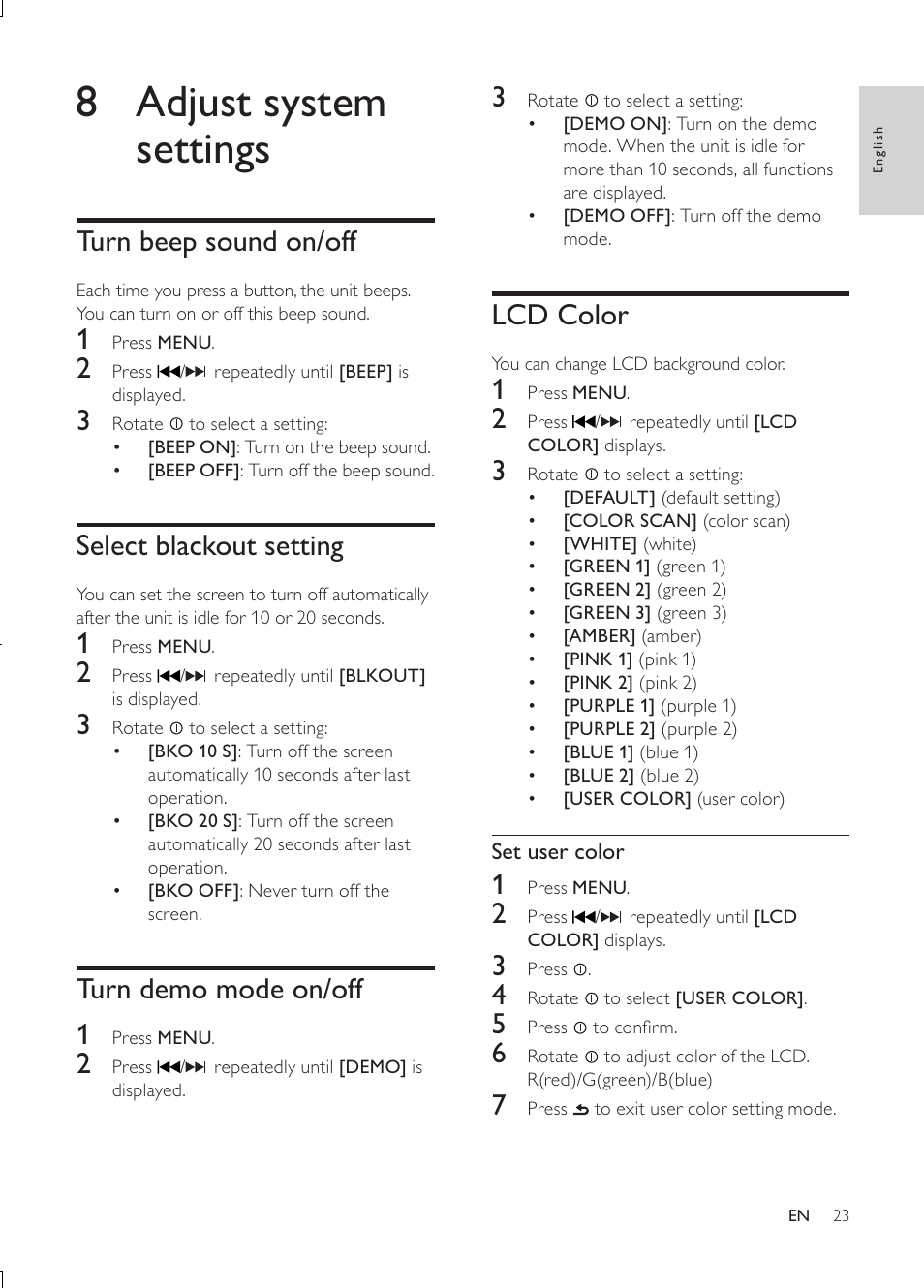 8 adjust system settings, Lcd color, Turn beep sound on/off | Select blackout setting, Turn demo mode on/off 1 | Philips CEM3000B User Manual | Page 22 / 27