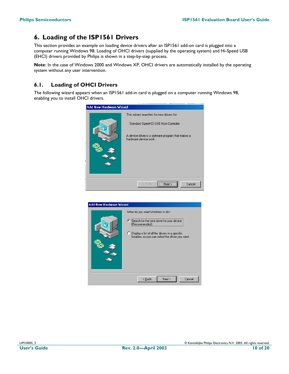 Loading of the isp1561 drivers, Loading of ohci drivers | Philips ISP1561 User Manual | Page 10 / 21