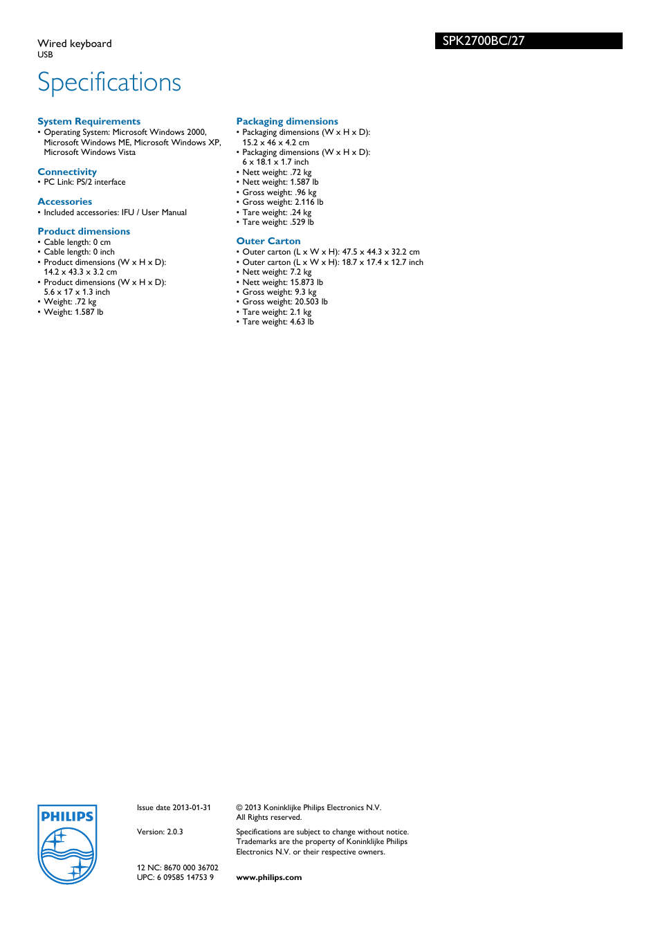 Specifications | Philips SPK2700BC User Manual | Page 2 / 2