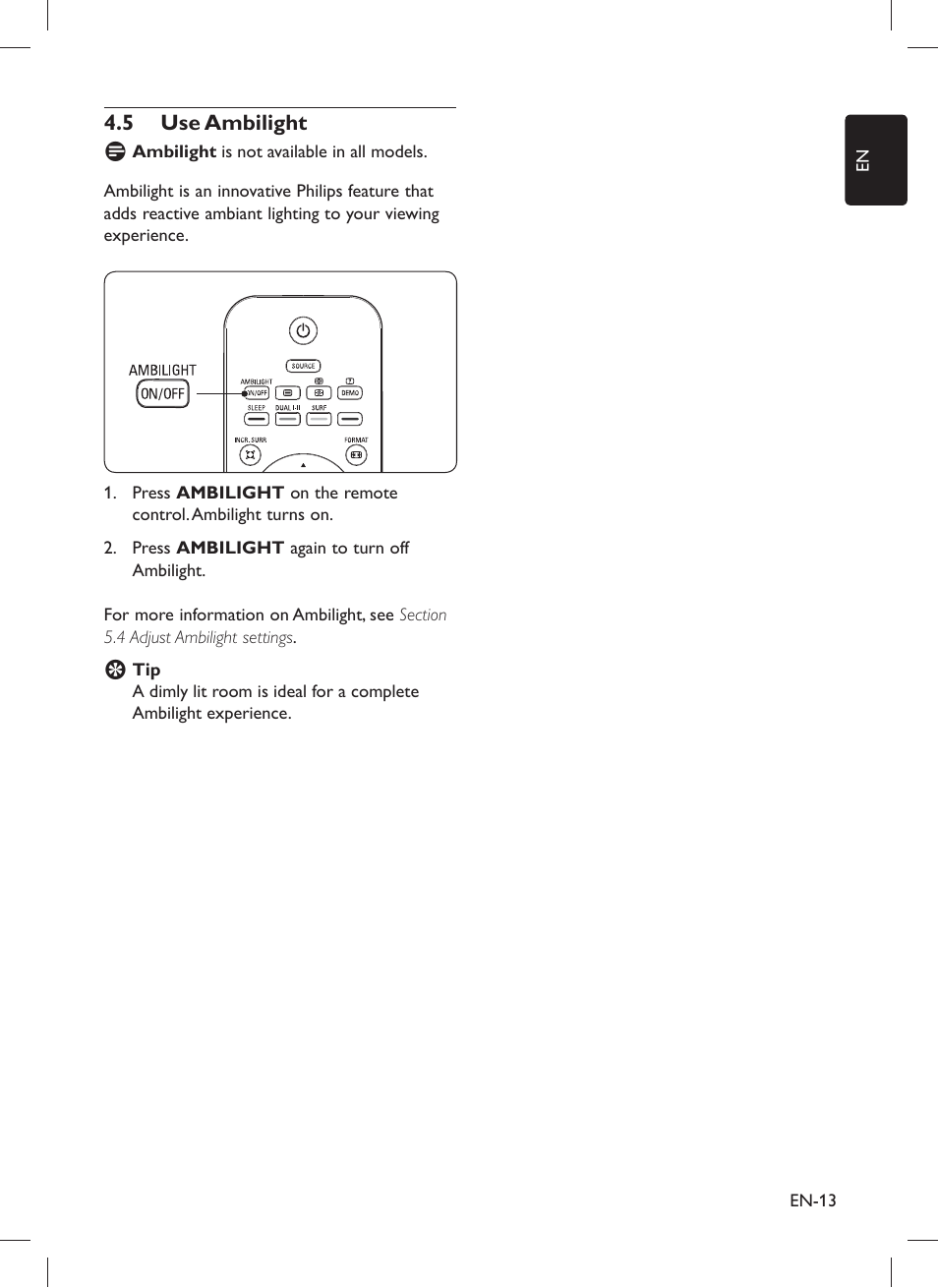 Use ambilight 4.5 | Philips 32PFL5203 User Manual | Page 15 / 46