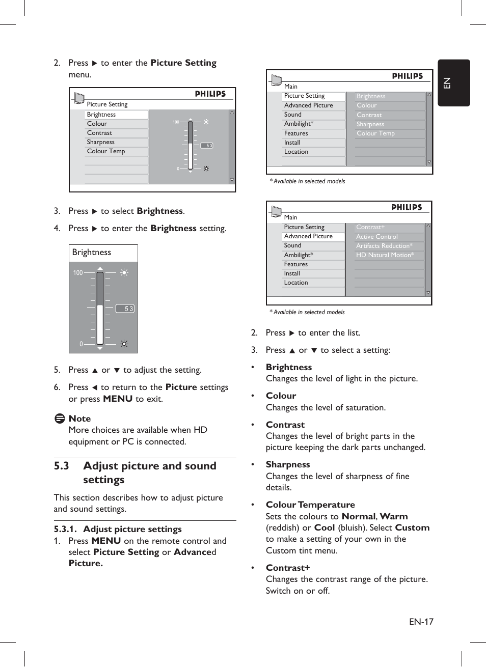 Adjust picture and sound 5.3 settings | Philips 32PFL5203 User Manual | Page 19 / 46