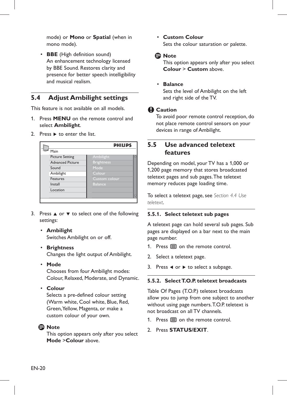 Adjust ambilight settings 5.4, Use advanced teletext 5.5 features | Philips 32PFL5203 User Manual | Page 22 / 46