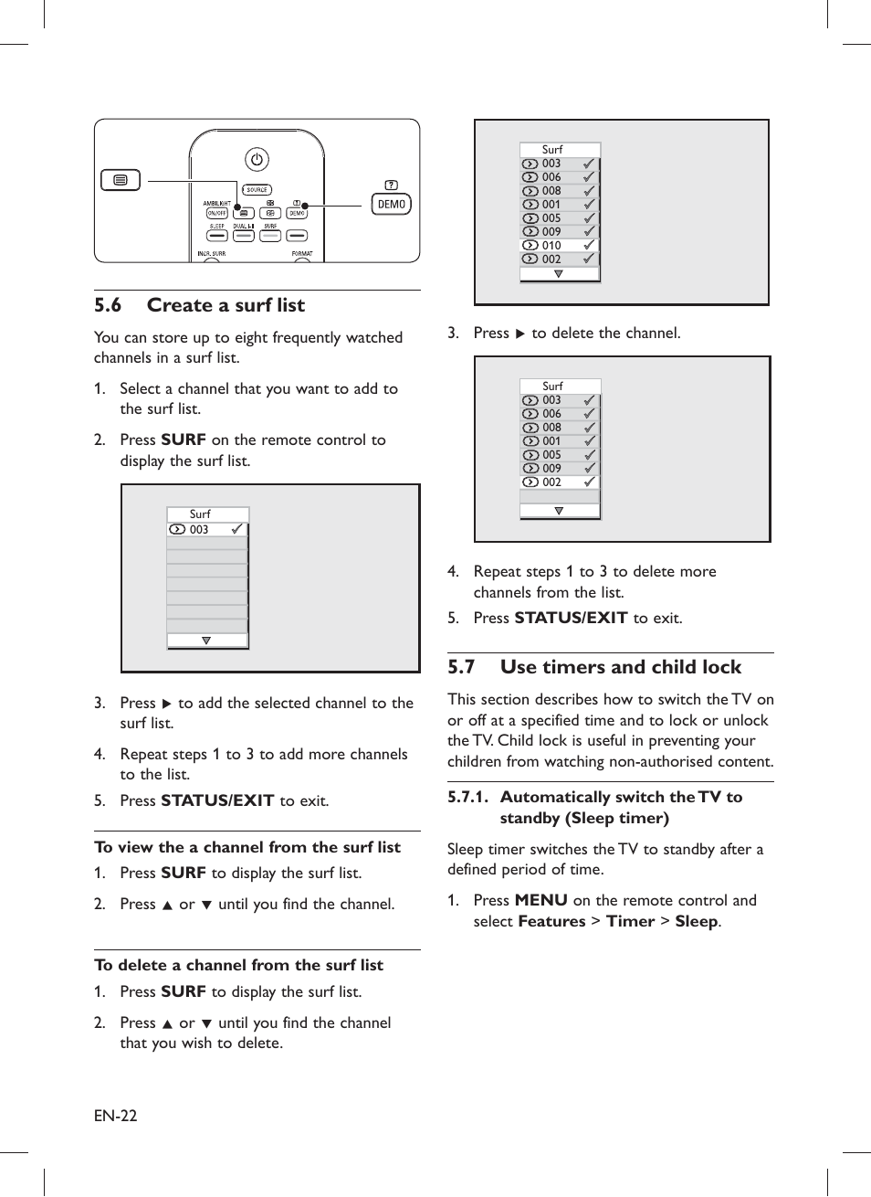 Create a surf list 5.6, Use timers and child 5.7 lock | Philips 32PFL5203 User Manual | Page 24 / 46