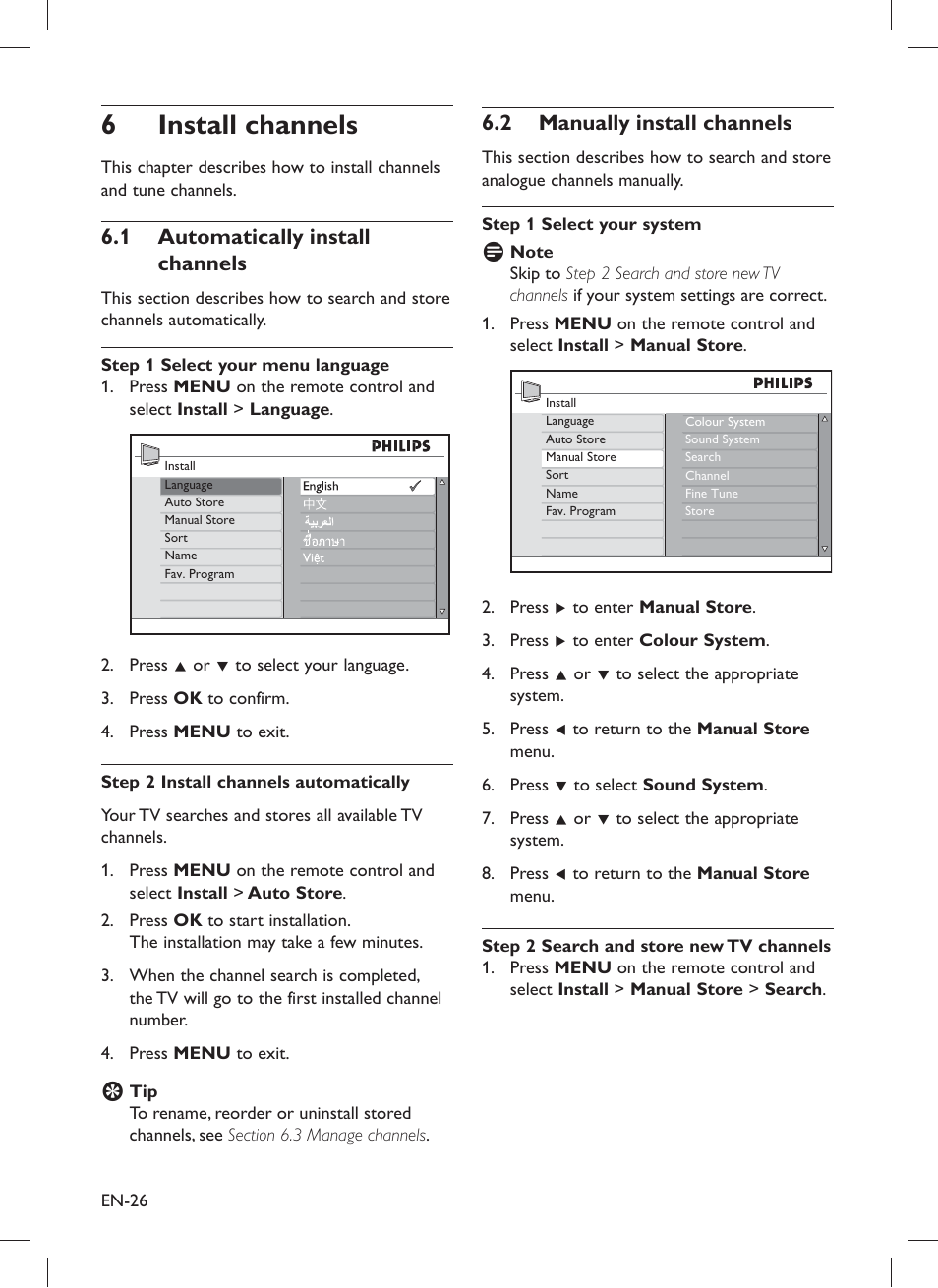 6 install channels, 1 automatically install channels, Manually install channels 6.2 | Philips 32PFL5203 User Manual | Page 28 / 46