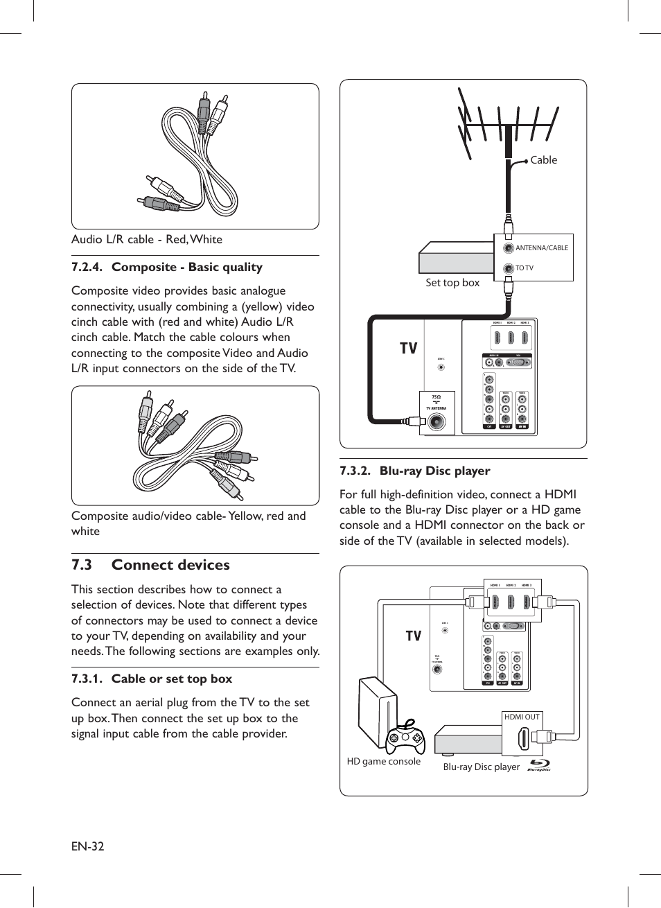 Connect devices 7.3, Set top box, Cable | Blu-ray disc player hd game console | Philips 32PFL5203 User Manual | Page 34 / 46