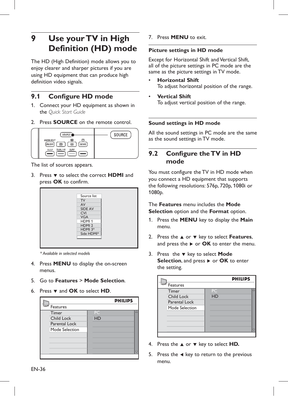 Use your tv in high 9 definition (hd) mode, Confi gure hd mode 9.1, Confi gure the tv in hd 9.2 mode | Philips 32PFL5203 User Manual | Page 38 / 46