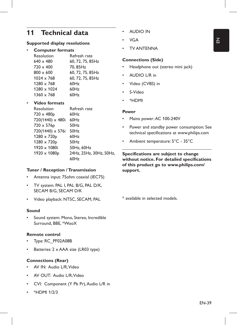 Technical data 11 | Philips 32PFL5203 User Manual | Page 41 / 46