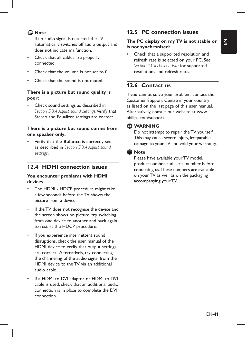 Pc connection issues 12.5, Contact us 12.6, Hdmi connection issues 12.4 | Philips 32PFL5203 User Manual | Page 43 / 46