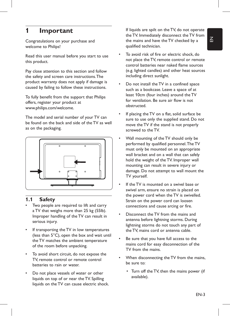 Important 1, Safety 1.1 | Philips 32PFL5203 User Manual | Page 5 / 46