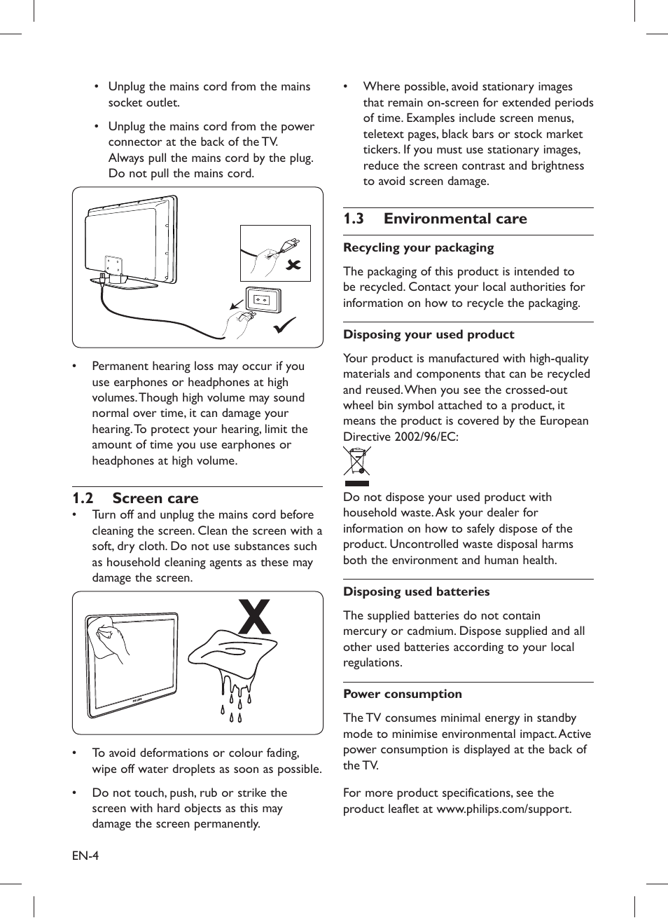 Screen care 1.2, Environmental care 1.3 | Philips 32PFL5203 User Manual | Page 6 / 46