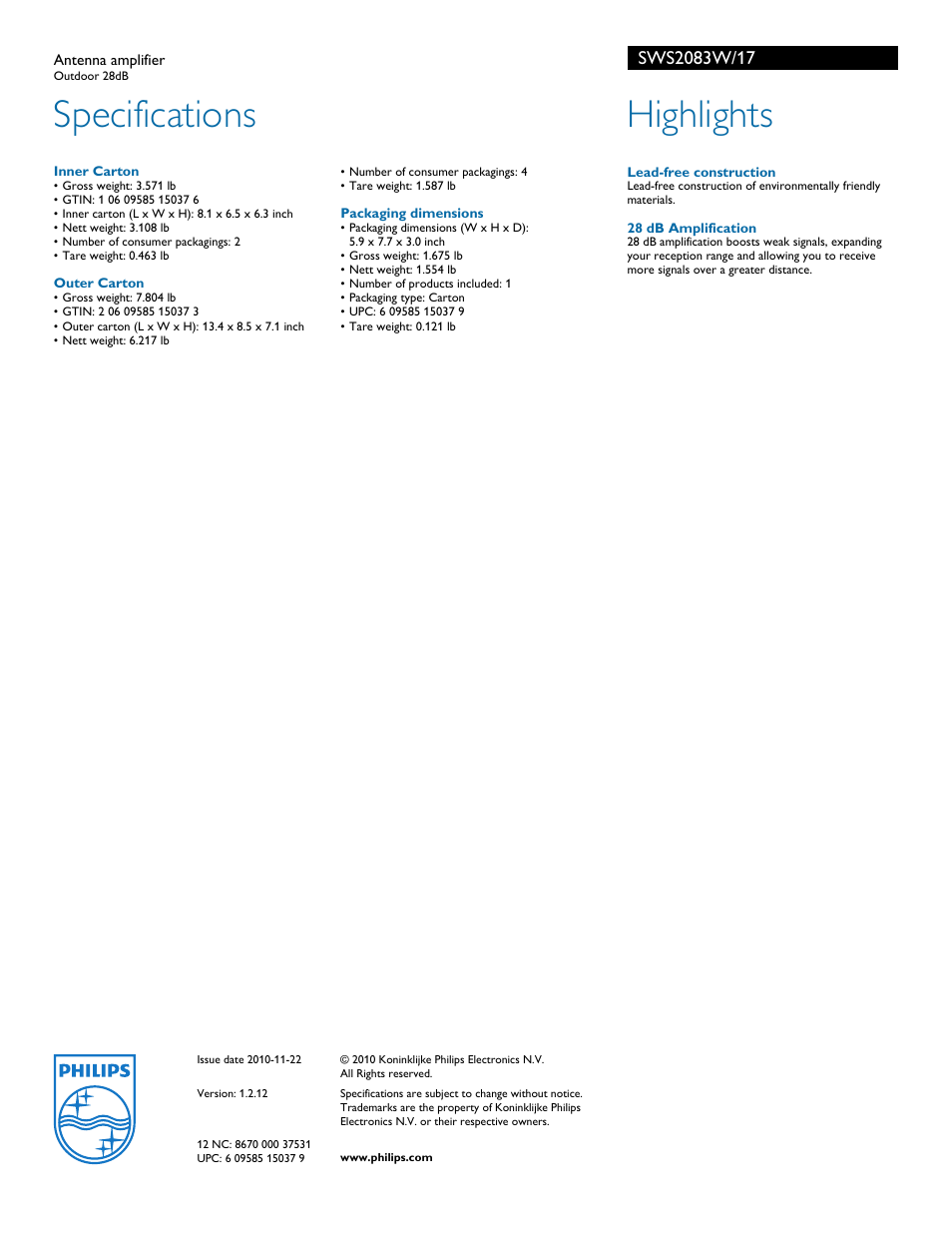 Specifications, Highlights | Philips SWS2083W User Manual | Page 2 / 2