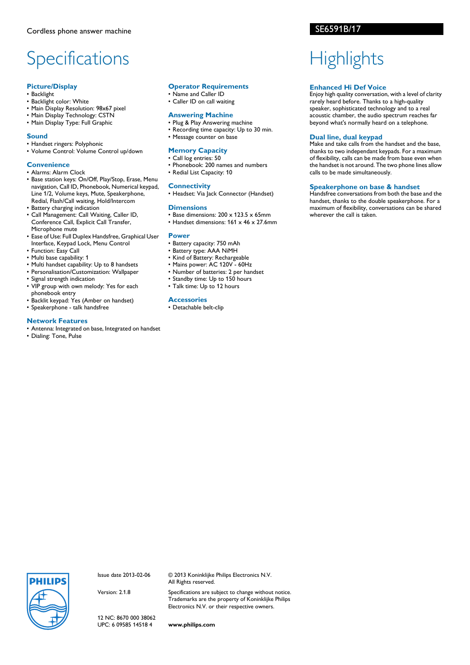 Specifications, Highlights | Philips SE6591B User Manual | Page 2 / 2