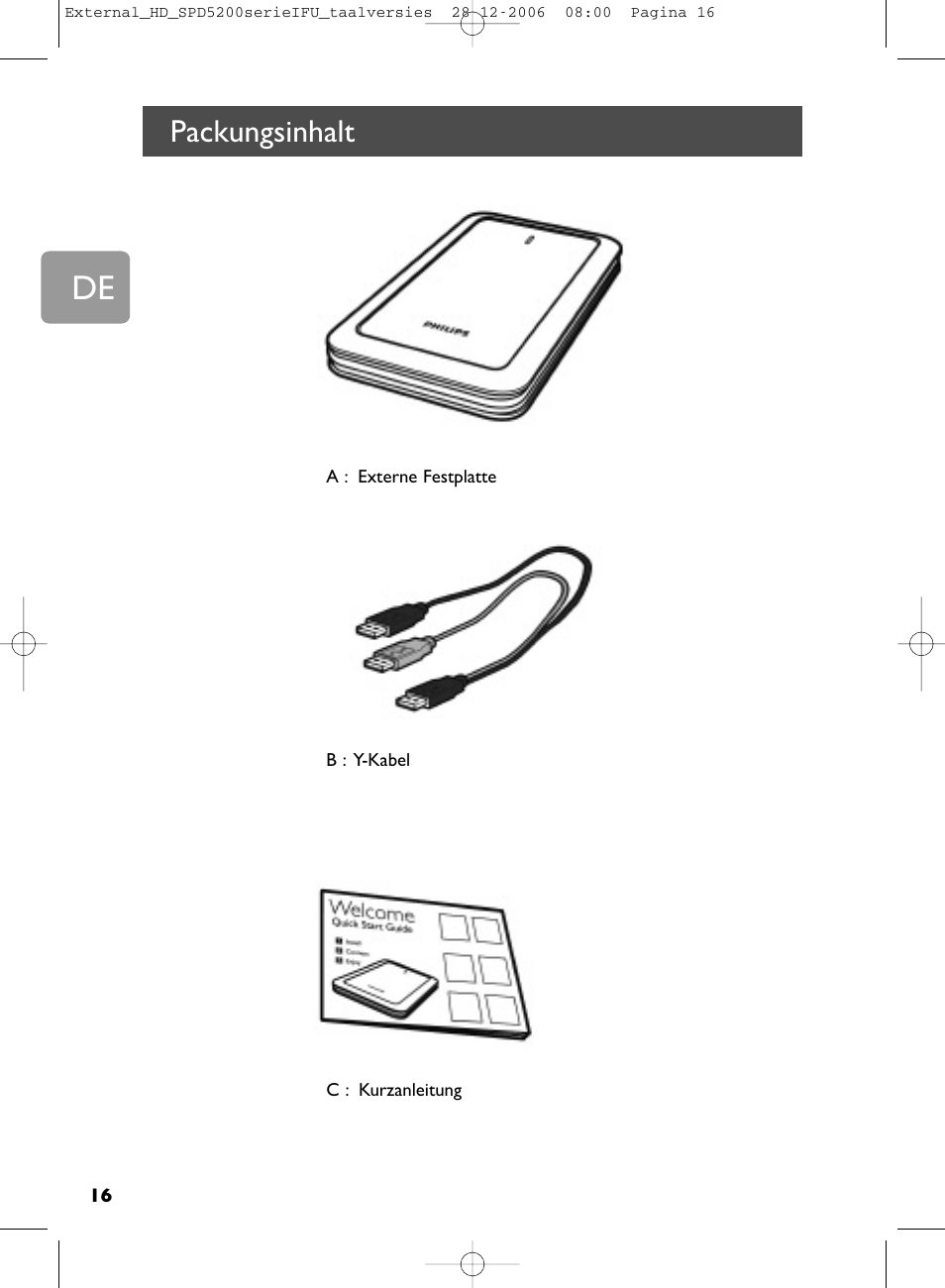 Packungsinhalt | Philips SPD5220 User Manual | Page 16 / 51