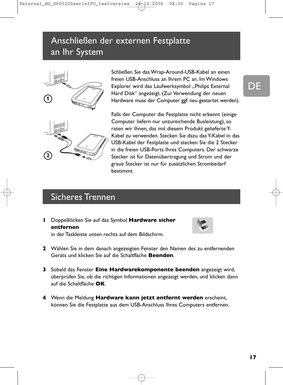 Anschließen der externen festplatte an ihr system, Sicheres trennen | Philips SPD5220 User Manual | Page 17 / 51