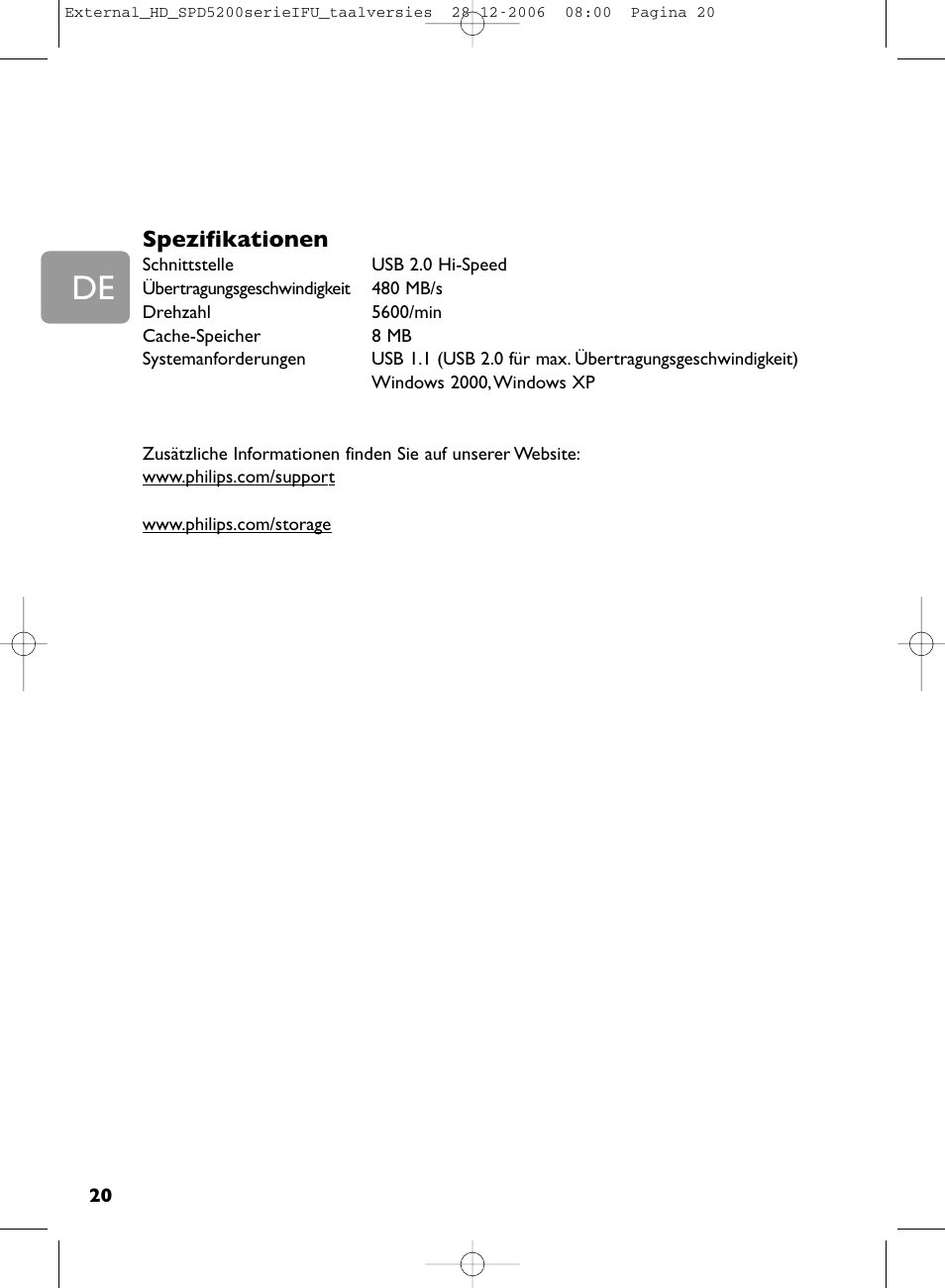 Spezifikationen | Philips SPD5220 User Manual | Page 20 / 51