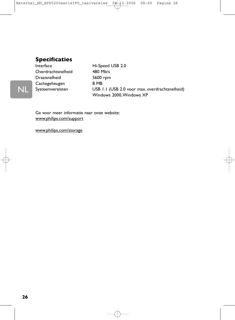 Specificaties | Philips SPD5220 User Manual | Page 26 / 51