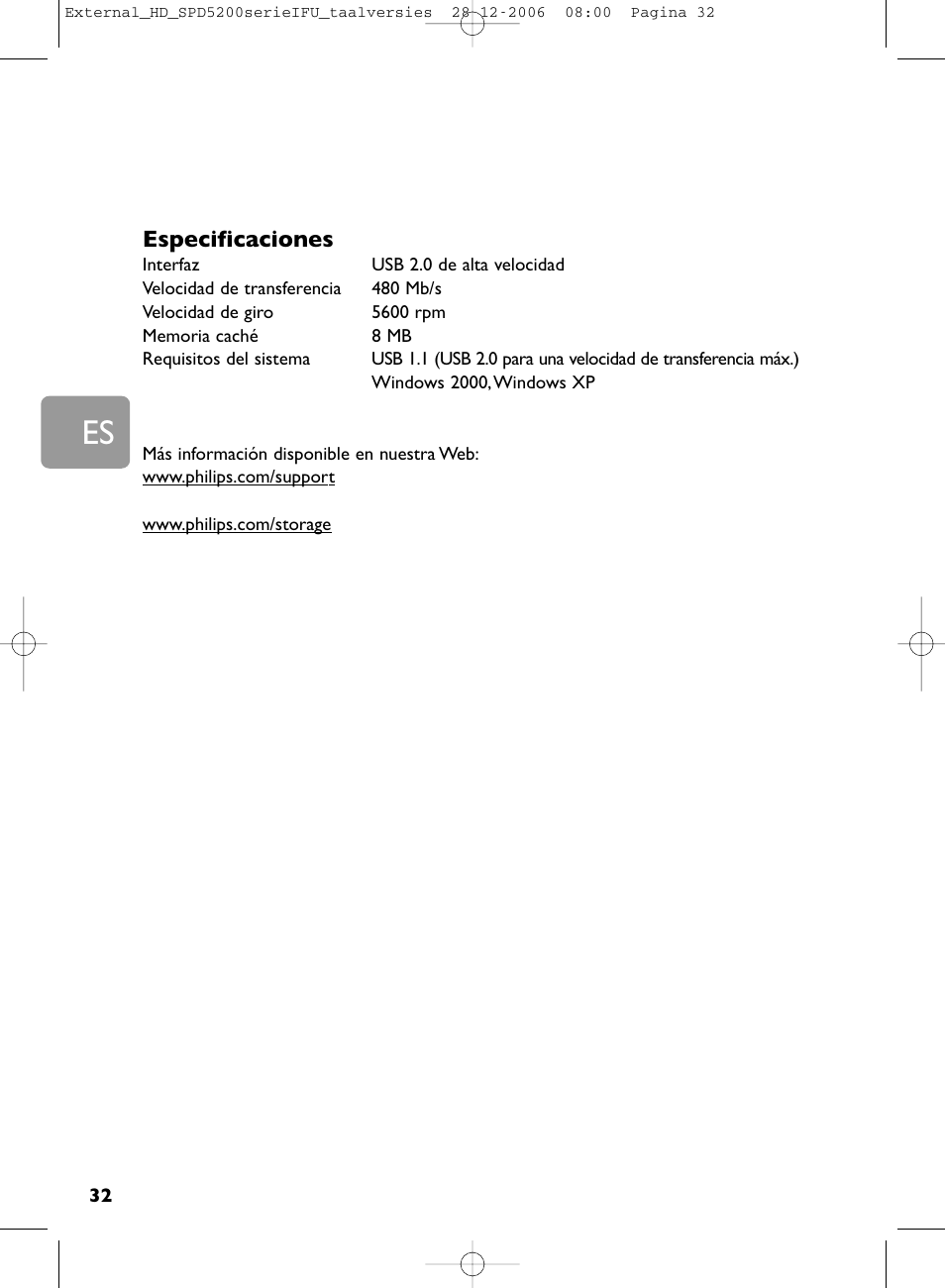 Especificaciones | Philips SPD5220 User Manual | Page 32 / 51