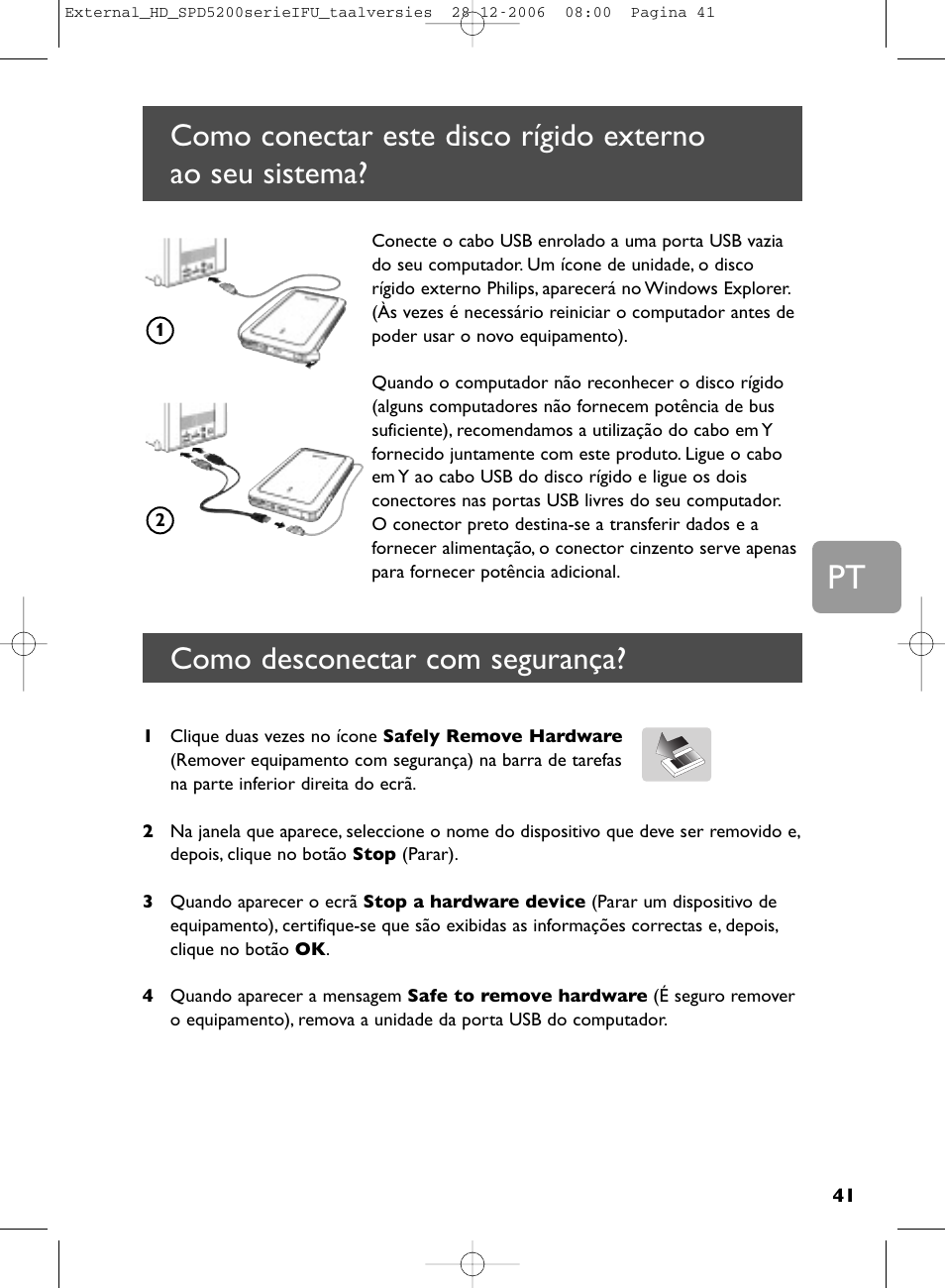 Como desconectar com segurança | Philips SPD5220 User Manual | Page 41 / 51