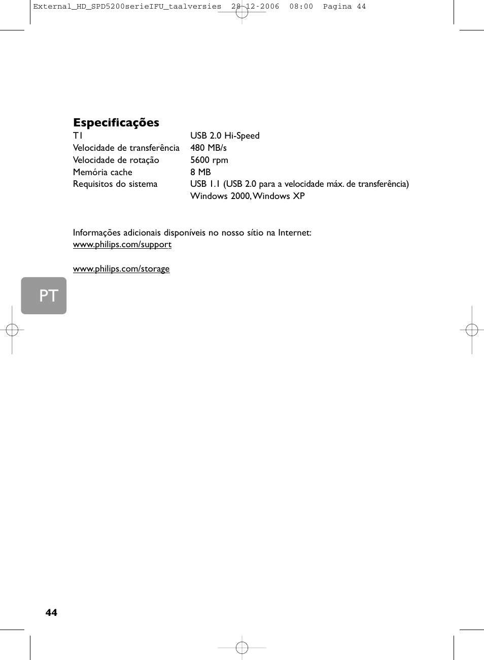 Especificações | Philips SPD5220 User Manual | Page 44 / 51