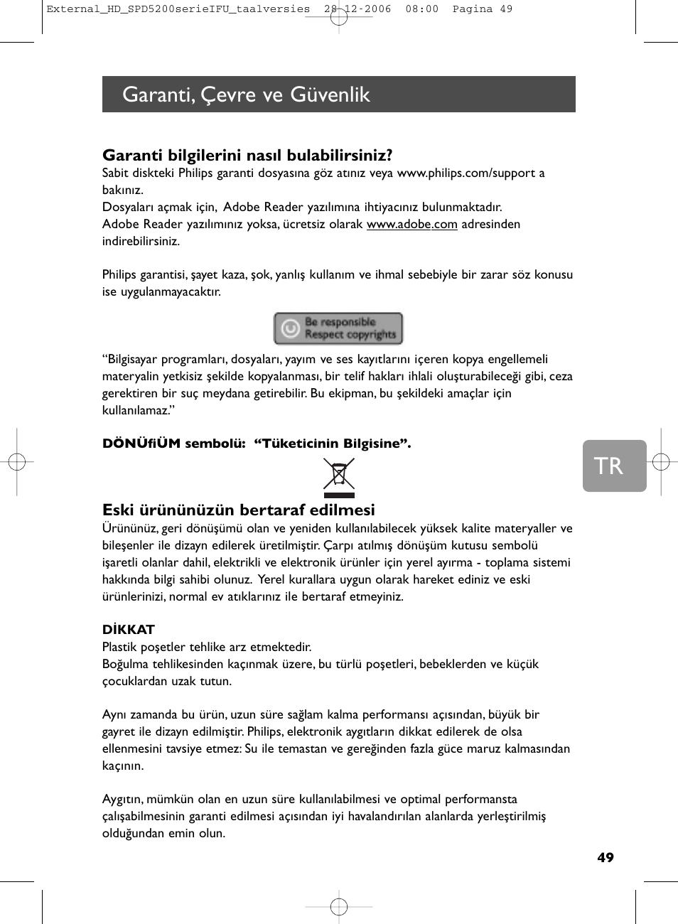 Garanti, çevre ve güvenlik | Philips SPD5220 User Manual | Page 49 / 51