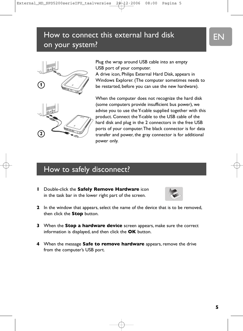 How to safely disconnect | Philips SPD5220 User Manual | Page 5 / 51