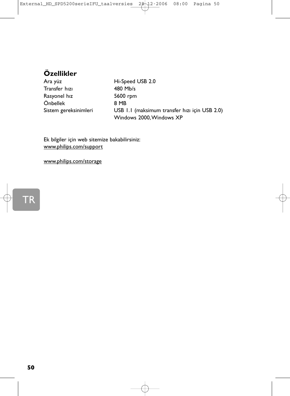Özellikler | Philips SPD5220 User Manual | Page 50 / 51
