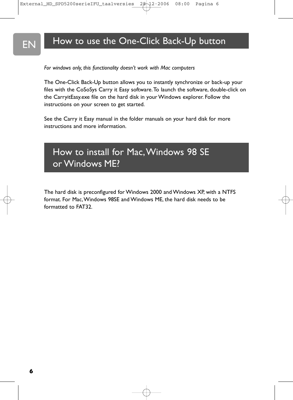 How to install for mac,windows 98 se or windows me, How to use the one-click back-up button | Philips SPD5220 User Manual | Page 6 / 51