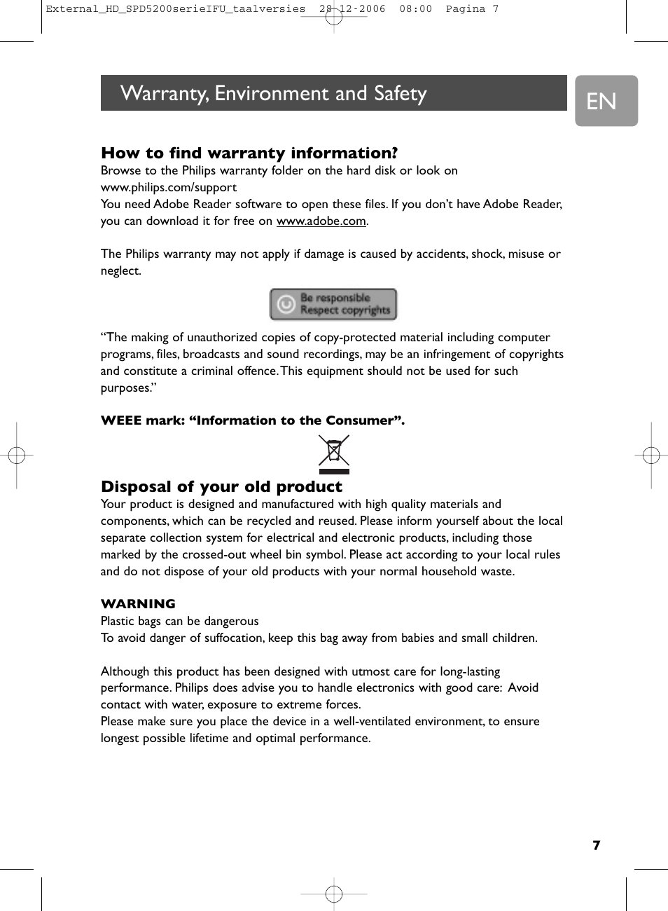 Warranty, environment and safety, How to find warranty information, Disposal of your old product | Philips SPD5220 User Manual | Page 7 / 51