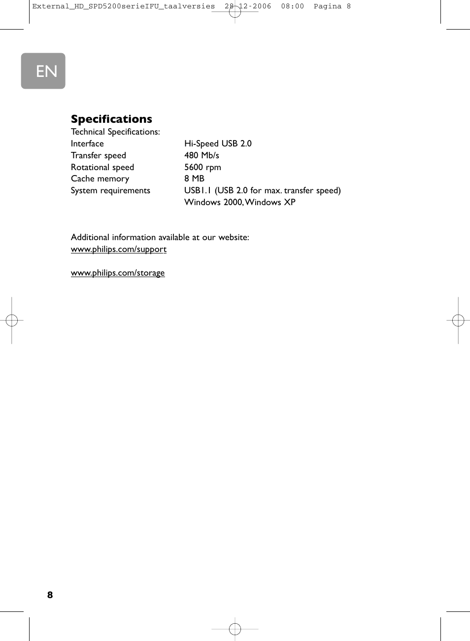 Specifications | Philips SPD5220 User Manual | Page 8 / 51