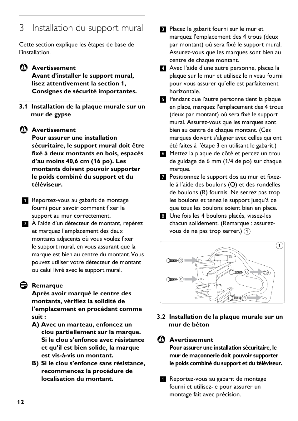 3 installation du support mural | Philips SQM5562/27 User Manual | Page 12 / 24