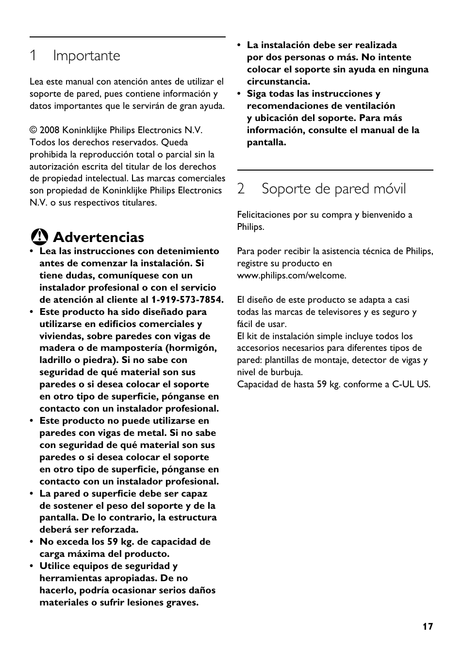 1 importante, 2 soporte de pared móvil, Advertencias | Philips SQM5562/27 User Manual | Page 17 / 24