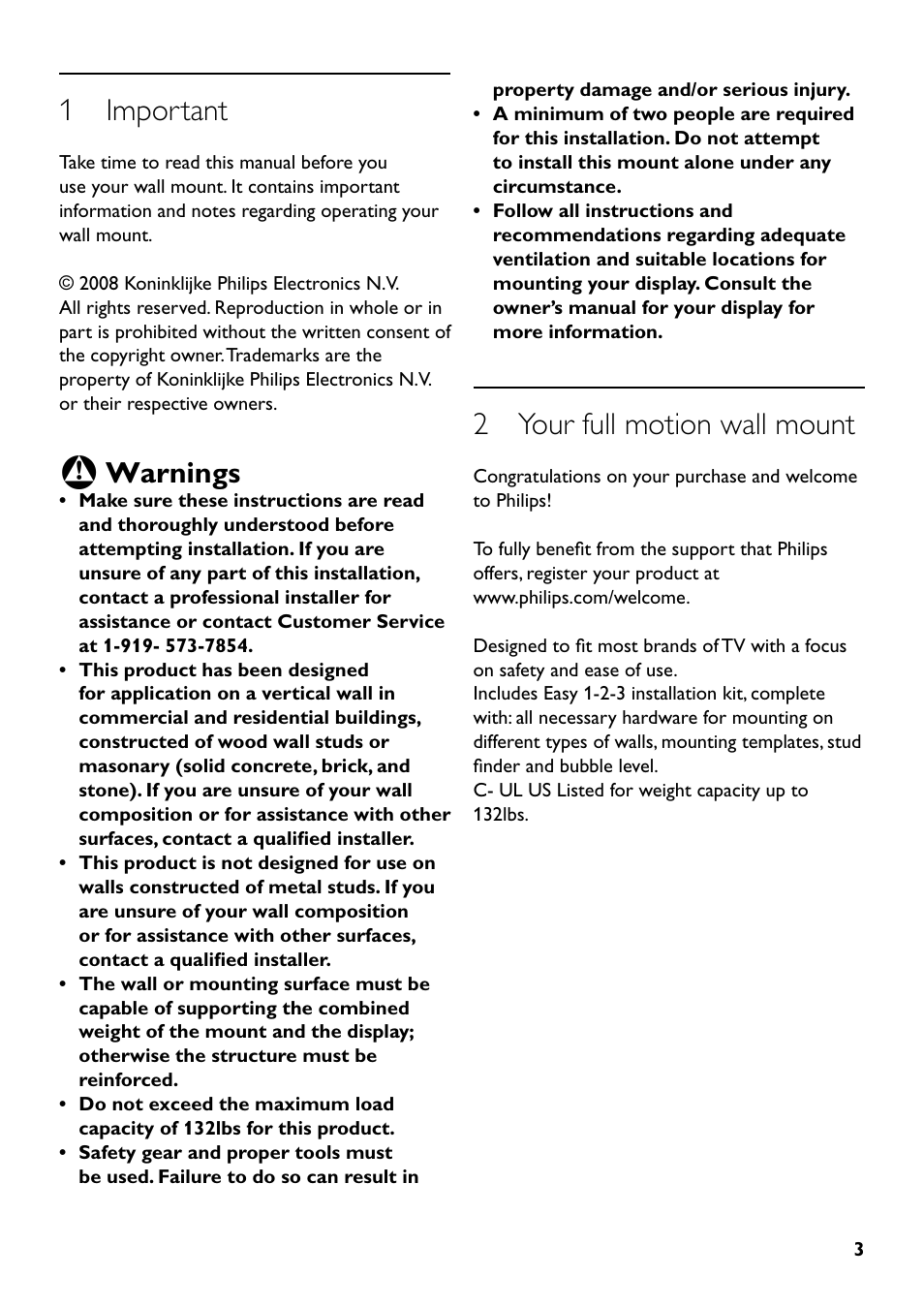 1 important, 2 your full motion wall mount, Warnings | Philips SQM5562/27 User Manual | Page 3 / 24