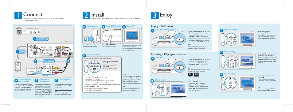 Connect, Install, Enjoy | Playing a dvd video, Cd e, Arecording a tv program | Philips DVDR616 User Manual | Page 2 / 2
